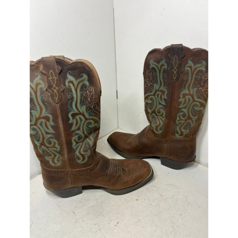 Justin Brown Leather Western Cowboy Boots Teal Embroidery Square Toe 9B - Picture 6 of 10